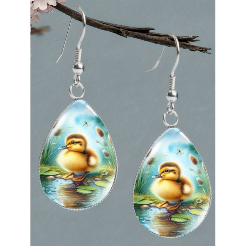 yellow animal duck farmhouse teardrop glass cabochon dangle spring earrings
